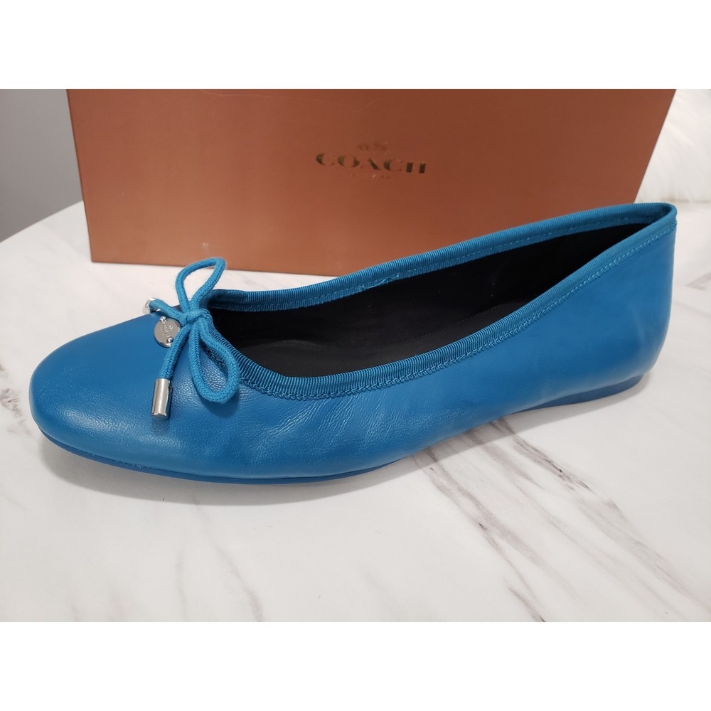 COACH Lara Silk Nappa Ballet Flats Peacock Blue Leather Bow Logo Womens Size 9